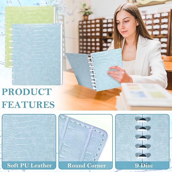 2 Pack Pu Leather 7X9.25 In Discbound Notebook Cover And Disc Set Discbound Planner Cover With 18 Pcs Expansion Discs 9-Disc Disc Bound Notebook Accessories(Blue+Green，No Inner Paper)