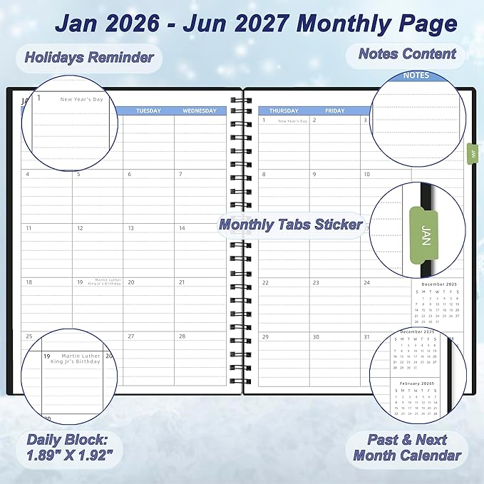2026-2027 Monthly Planner (7.4'' x 9.6''), 18 Months Calendar Planner from Jan 2026-Jun 2027, Agenda 2026 with Pocket, 120GSM Paper, Black