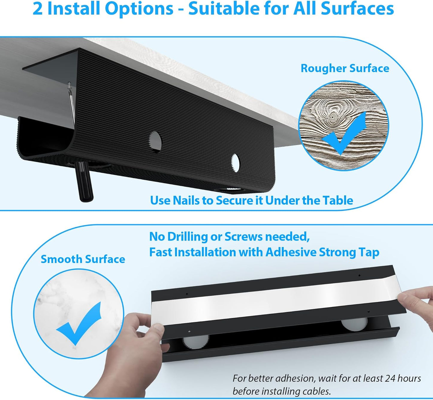 ZhiYo 2 Pack Large Capacity Cable Management Tray 31.5in (2xL15.7in), Thick PVC Under Desk Cable Tray Kit with 4 Cable Clips & 5 Ties, Standing Cord Management Desk Organizer for Office or Home, Black
