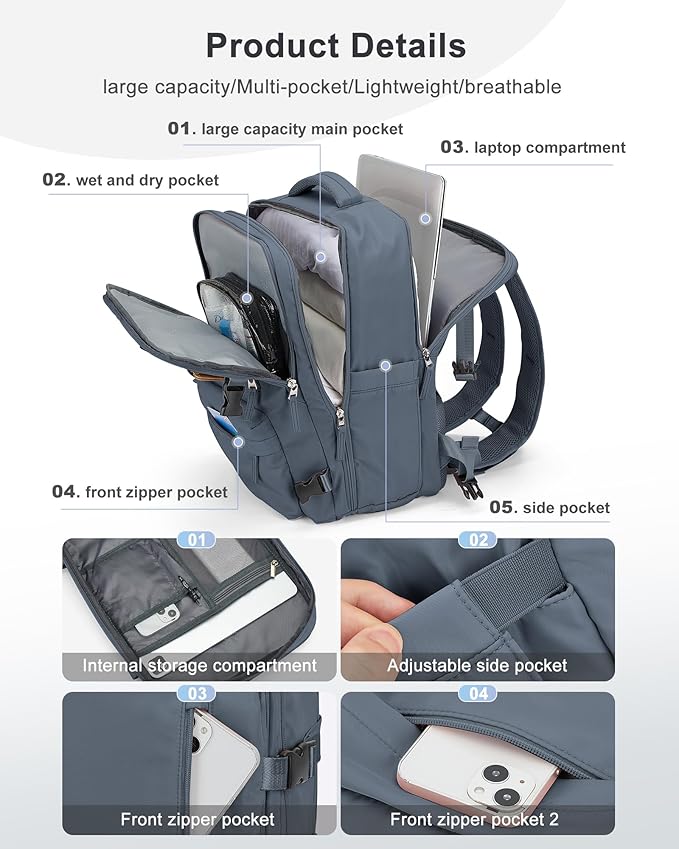 VECAVE Carry On Backpack for Women,Large Travel Backpack Flight Approved,Waterproof 14 Inch Laptop Backpack Business Work Backpacks Men Mochila De Viaje Blue