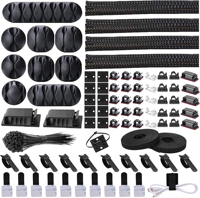 Cord Management Organizer Kit 4 Cable Sleeve split with 41Self Adhesive Cable Clips Holder, 10pcs and 2 Roll Self Adhesive tie and 100 Fastening Cable Ties for TV Office Car Desk Home