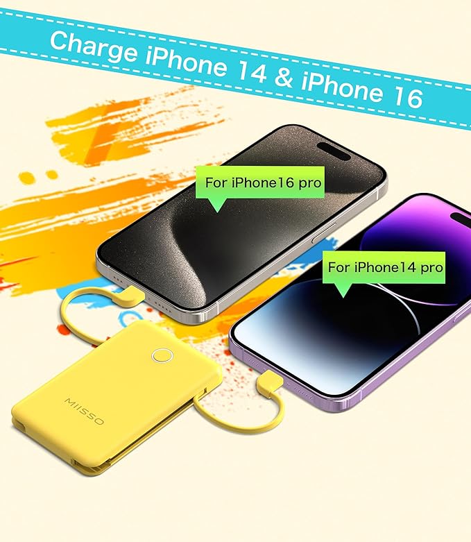 6000mah Ultra Slim Built in Cables Power Bank, Card Size Built in USB C Cords Battery Pack Portable Charger for Phones, 3 Output External Battery Pack Compatible with iPhone, Samsung, Google, Yellow