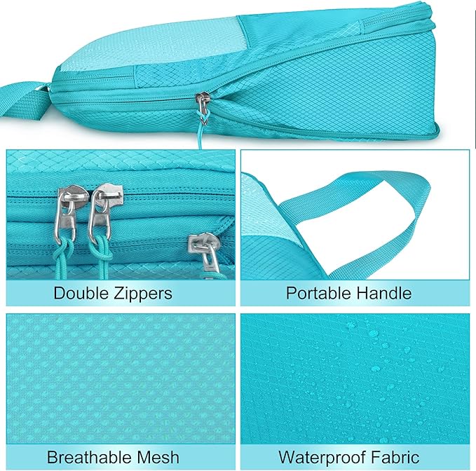 8 Set Compression Packing Cubes for Travel, Expandable Waterproof Travel Organizer, Lightweight Luggage Organizer with Shoes & Laundry Bags, Travel Accessories for Men Women, Turquoise