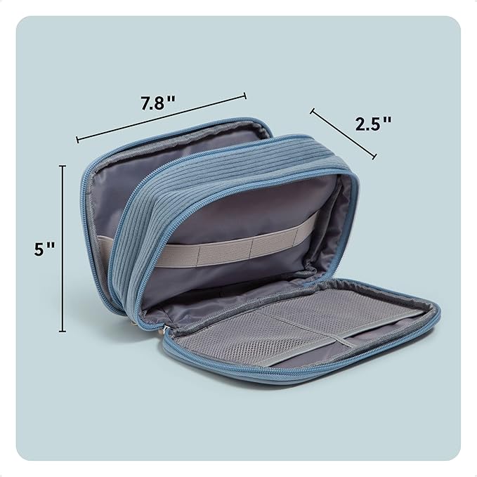 U Brands Dual Zip Corduroy Travel Electronics Organizer, Tech Carry Case, Portable Travel Bag, Cord Storage, 8" x 5.25" x 2.5", Haze Blue
