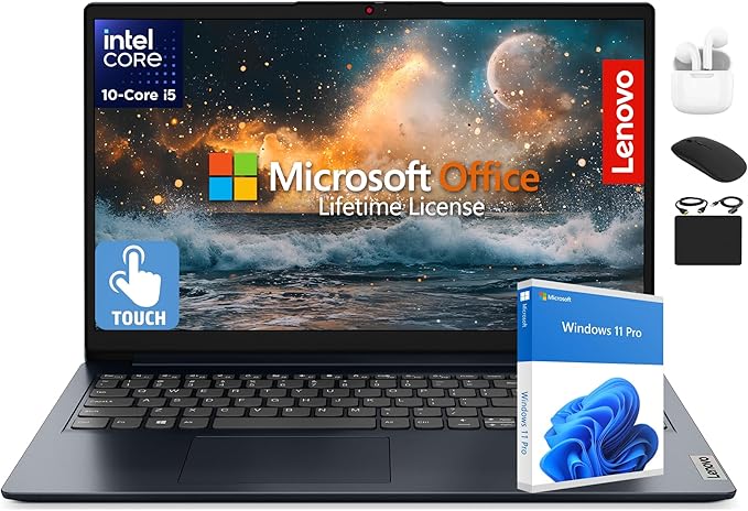 Lenovo IdeaPad 15.6” Flagship Touchscreen Laptop 2025, 10-Core Intel i5, Lifetime Office 2024, Copilot AI, 24GB RAM, 1.5TB Storage (1TB SSD + 500GB Ext), HubxcelAccessory, Long Battery, Win 11 Pro