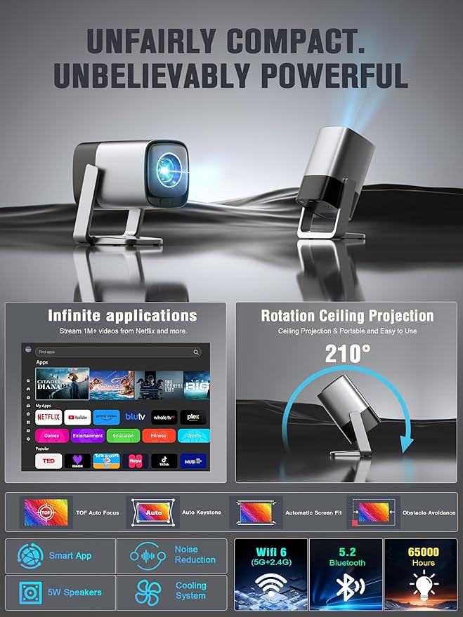 [Official Netflix & TOF Real-time Focus]Mini Projector with WiFi and Bluetooth, Native 1080P Smart Projector, Dolby Audio & Keystone Projector, 210° Rotatable Stand for Home Projector