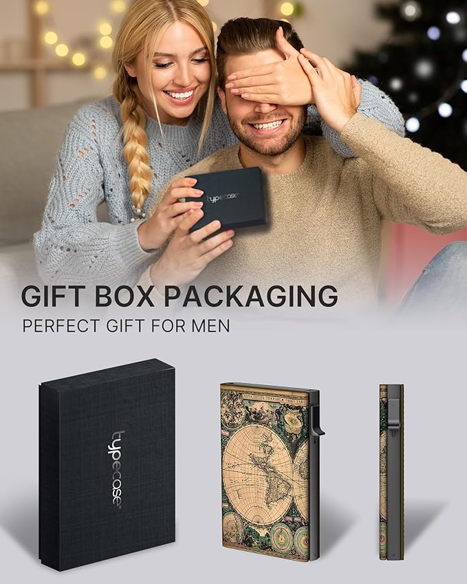 typecase Mens Wallet Card Holder: Pop Up Aluminum Case, Carbon Fiber Leather, Smart, RFID Blocking, Slim, Minimalist, Front Pocket - 9-14 Card Capacity | ID Window | Cash Slot (Map)