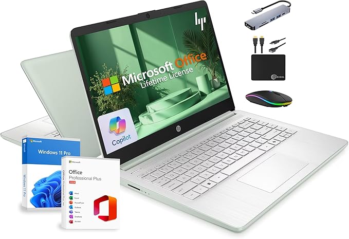 HP 14" Laptop 2025 Business Student Slim Computer, Lifetime MS Office, Copilot AI, Quad-Core Intel CPU, 16GB RAM, 628GB Storage (128GB UFS+500GB Ext), MarxsolAccessory, Wi-Fi 6, Win 11 Pro, Green