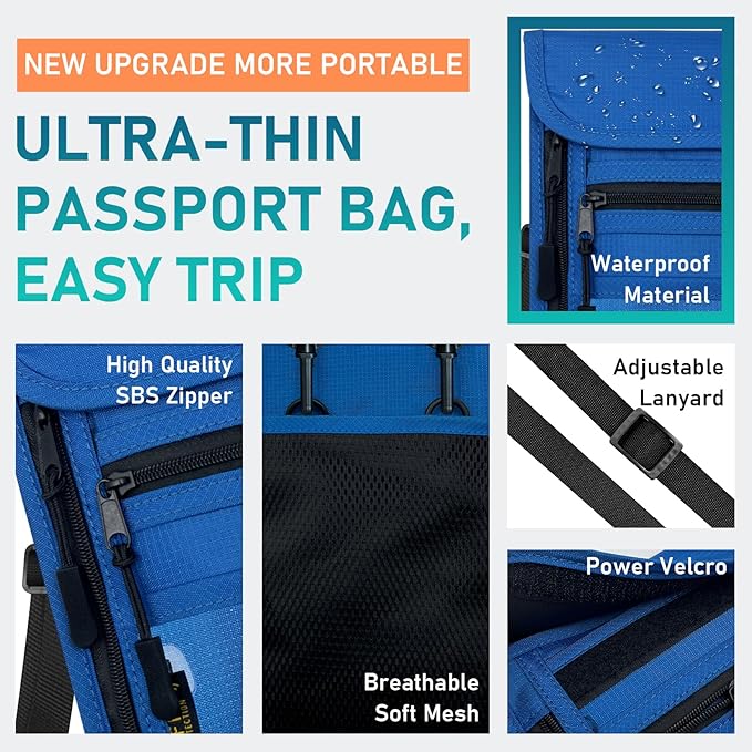 sundee Travel Neck Wallet with Double Zippers, RFID Blocking Passport Holder with Adjustable Neck Strap for Men and Women to Keep Cash, Credit Cards and Travel Documents Safe - Dark Blue