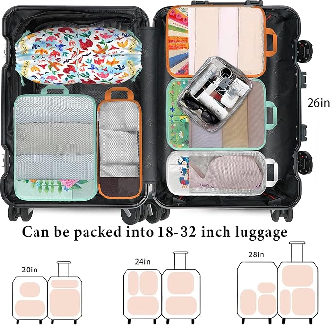 Compression Packing Cubes for Travel, 7 Set Natural Life Expandable Mesh Luggage Organizers, Waterproof Expandable/Compression Bags Bohemia Travel Packing Cubes with Clear Toiletry Bag
