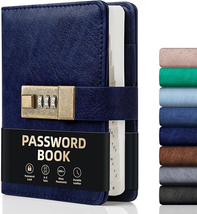 WEMATE Password Book with Lock, Password Book with Alphabetical Tabs 600+ Password Spaces, Password Logbook with Lock, Password Keeper for Computer 4.33 X 6.18 Inch Dark Blue