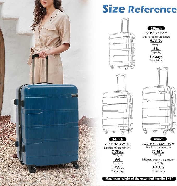 Coolife Luggage Expandable 3 Piece Sets PC+ABS Spinner Suitcase 20 inch 24 inch 28 inch (Caribbean Blue., 3 piece set)