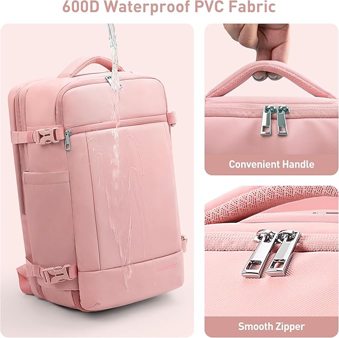 SHOWKOO Travel Backpack For Man Women, Airline Approved Carry On Laptop Backpack For Business, 40L Expandable Large Capacity Backpack, Pink