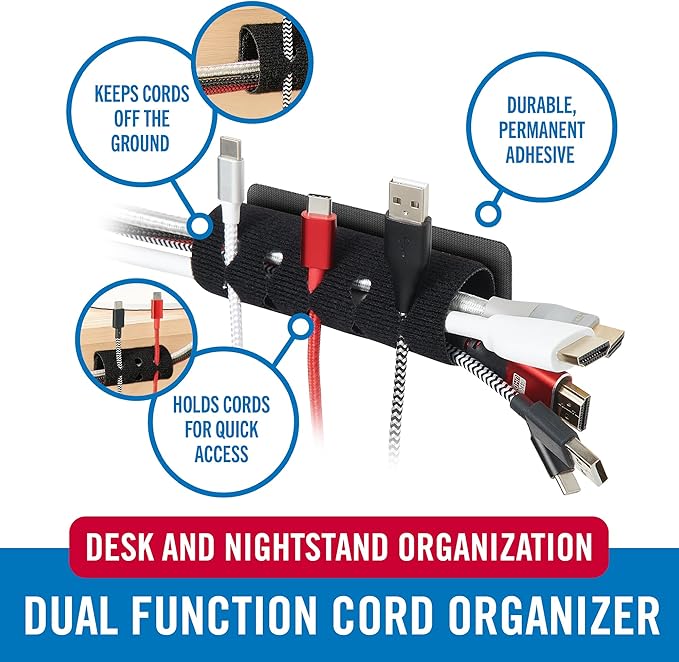 VELCRO Brand Cord Organizer for Desk Cable Management, Nightstand Organization, Unique Dual Function Cable Sleeve Cord Keepers Combo, Holds Wires for Easy Access, Route to Hide, Medium 2pk Black