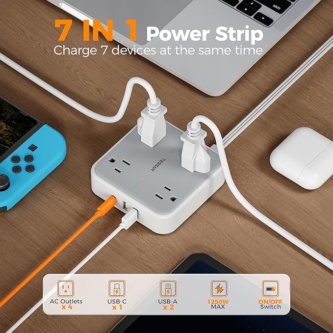 TESSAN Surge Protector Flat Extension Cord 5Ft, Flat Plug Power Strip with 4 Outlets 3 USB Ports (1 USB C), 900 Joules Protection, Multiple Wall Outlet Extender Suitable for Home Office Dorm, Grey