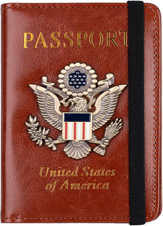 TOURSUIT RFID Blocking Passport Holder for Women Men, Leather Passport Travel Wallet with Metal 3D Metal Badge, Travel Document Holder Cover Accessories (Brown)