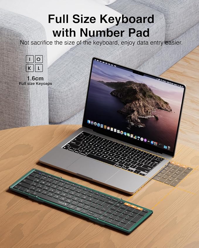 ProtoArc Foldable Bluetooth Keyboard, XK01 Folding Wireless Portable Keyboard with Number Pad, Full-Size Travel Keyboards for Windows iOS Android Tablet Smartphone Laptop PC - Dark Green
