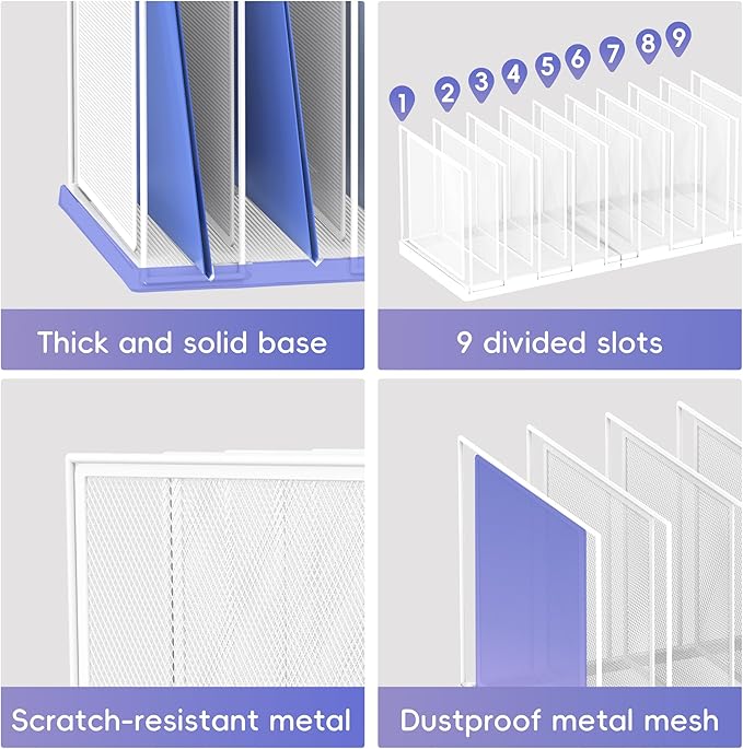 9-Section Desk File Organizer, Vertical File Holder, Mesh Desktop File Folder Metal File Organizer Stand for Office Home Classroom, White