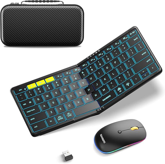 Foldable Keyboard and Mouse, Samsers KM08X Folding Bluetooth Keyboard Mouse Combo with Backlight, 2.4G + BT5.0 x 2, Full-Size Travel Keyboard & Portable Wireless Mouse for Windows iOS Mac OS Android