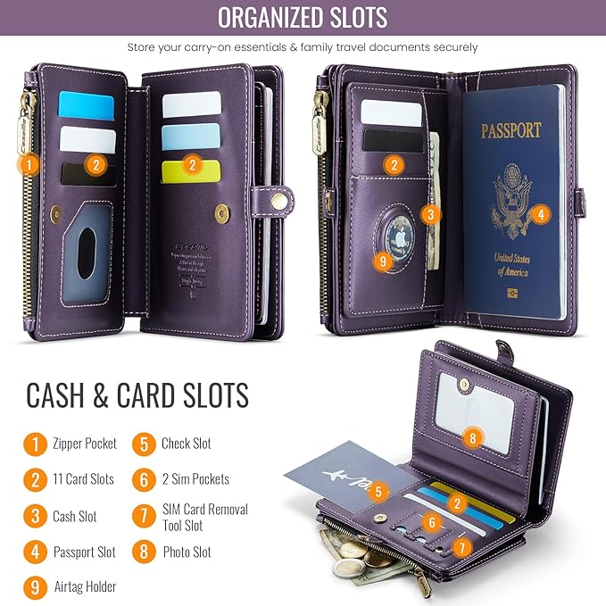 Passport Holder Wallet Bag with AirTag Holder, 11 Card Slots and Passport Solt Cash Solt Photo Solt Zipper Pocket, RFID Blocking Wristlet Strap.Purple