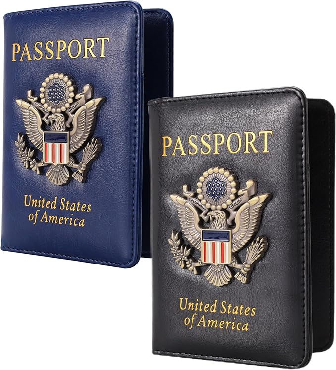 2 Pcs Passport Holder for Travel Card Slot Combo RFID Blocking Leather Family Passport Wallet Travel Accessories for Men Women (Blue and black)