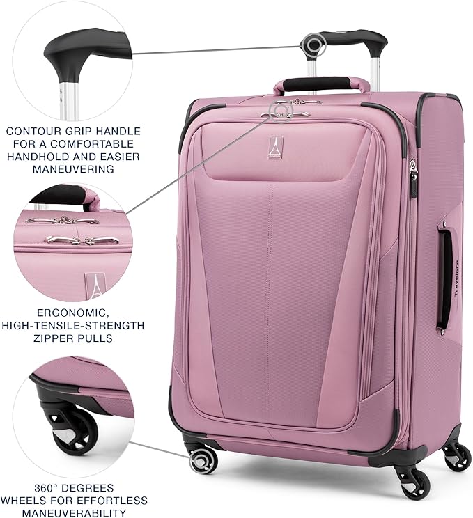 Travelpro Maxlite 5 Softside Expandable Checked Luggage with 4 Spinner Wheels, Lightweight Suitcase, Men and Women, Orchid Pink Purple, Checked Medium 25-Inch