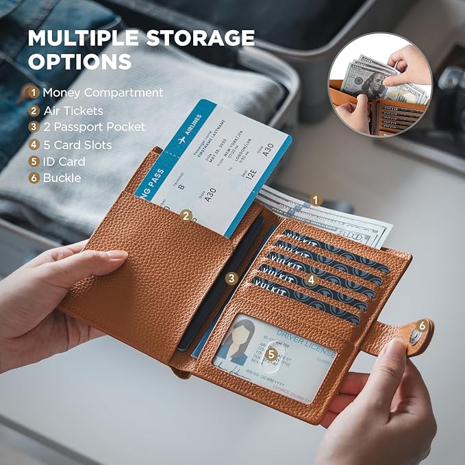 VULKIT Leather Passport Travel Wallet for 2 Passports Slim Double Passport Holder RFID Blocking with ID Window for Women or Men