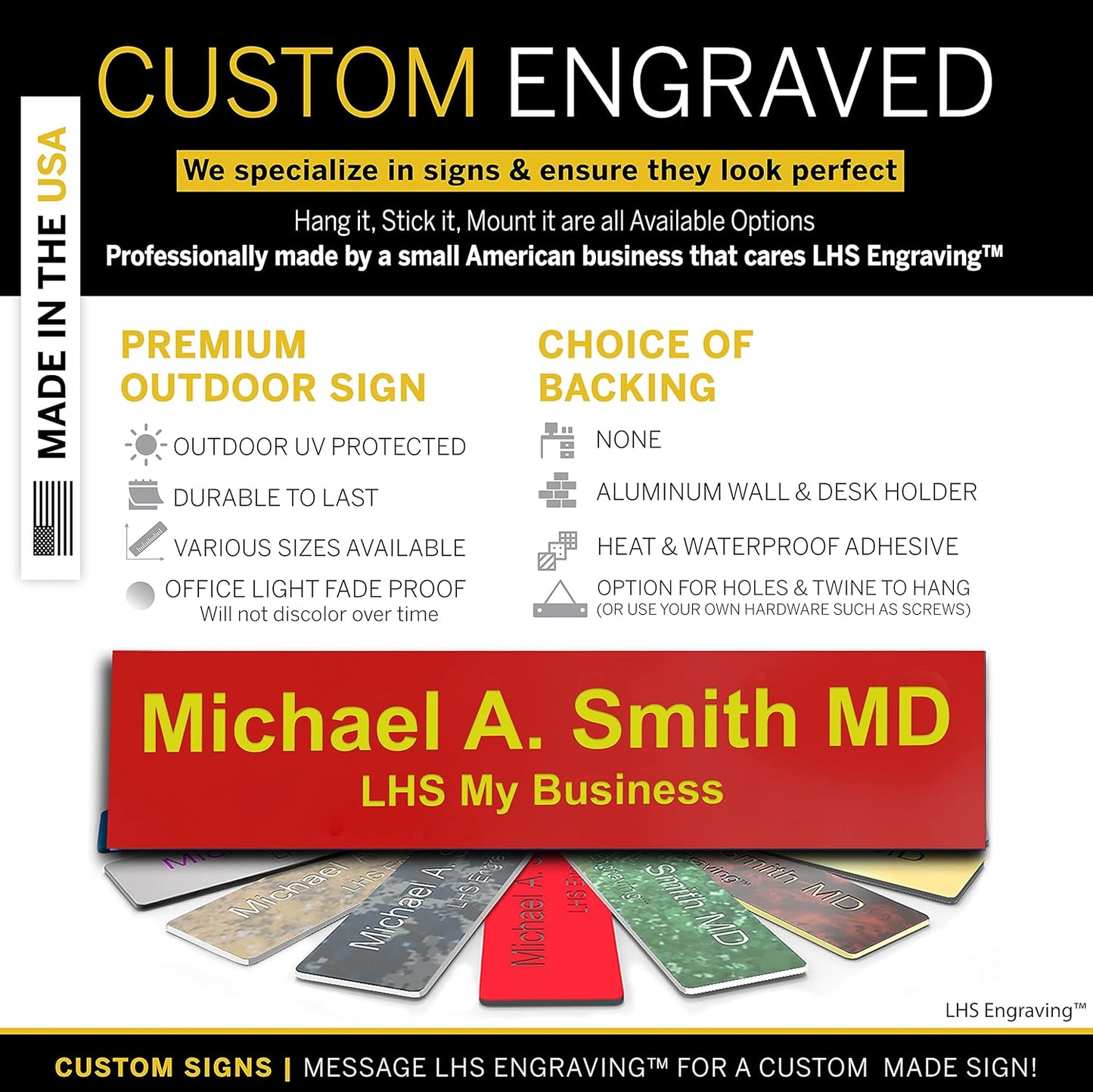 Door Name Plate Personalized for Office Red Plastic Name Plate with Yellow Letters - Made in USA 2x8 B22