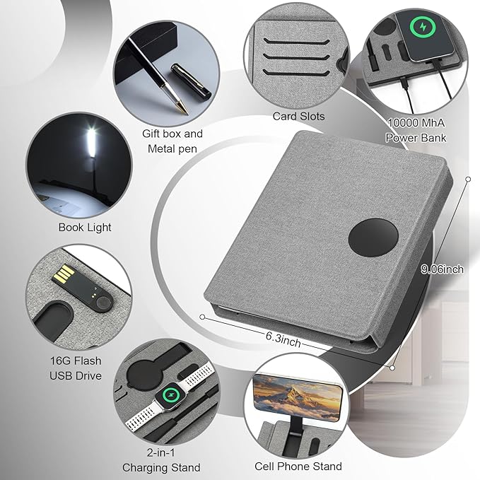 Travelers Notebook with book light,Travel Journal with 10000mAh Power Bank & 2-in-1 Wireless Charger,Hardcover Journal Set with Pen and Gift Box,Notebooks for Work,School,Travel,Business,Gift. ﻿