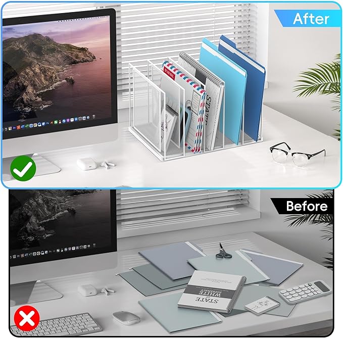 File Organizer for Desk, 5-Section Vertical File Sorter, Paper Holder Organizer Standing Metal File Folder for Office Home Classroom, White