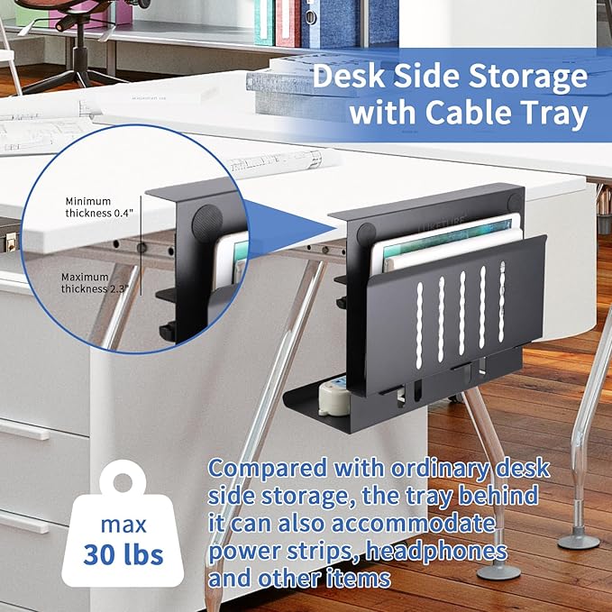 LUKETURE Desk Side Storage, Laptop Holder with Cable Management Tray, 2 in 1 Steel Under Desk Laptop Mount, Table Organization, Space Saving Table Accessories for Office and Home (Black)
