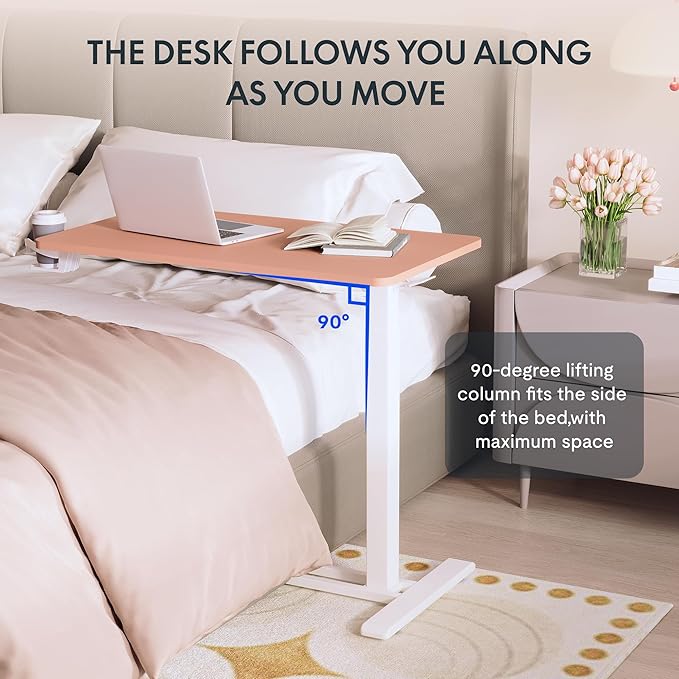 FLEXISPOT H7 Adjustable Overbed Bedside Table with Wheels Pneumatic Mobile Standing Desk Laptop Desk Rolling Computer Cart Movable Overbed Table Hospital Home Use(31.5" W x 17.7" D, Pink)