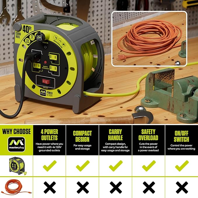 40ft Case Cord Reel, Retractable Extension Lead with Winding Handle, Safety Overload Circuit Breaker and Power Switch, 4X Grounded Outlets, 13amps, 14AWG Cable
