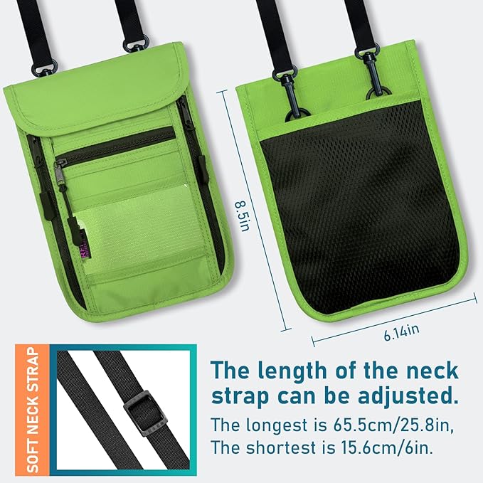 sundee Travel Neck Wallet with Double Zippers, RFID Blocking Passport Holder with Adjustable Neck Strap for Men and Women to Keep Cash, Credit Cards and Travel Documents Safe - Grass Green