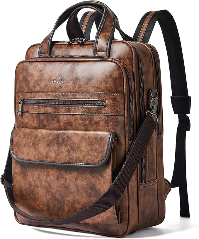 Shrrie Laptop Backpack for Women and Men, 15.6 Inch Vegan Leather Computer Backpack Professional Water-Resistant Casual Daypack for Work Business College Travel Office,Two-toned Brown