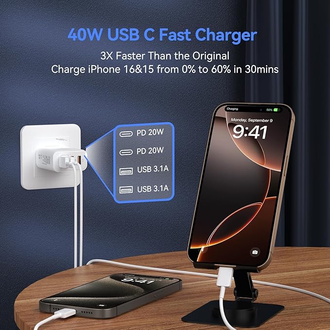 USB C Wall Fast Charger Block, 40W 4-Port Type C Chargers Fast Charging Blocks PD Power Charger Adapter+QC 3.0 USB Multiport Charger Brick for Phone 17/16/15/14/13/12 Pro Max, i-Pad, Galaxy S25-3Pack