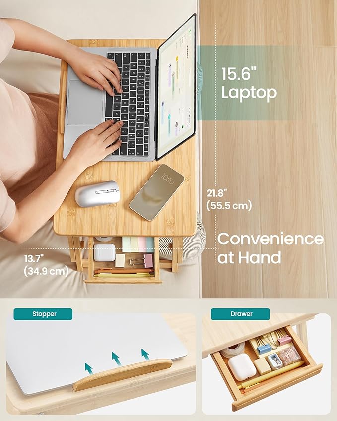 SONGMICS Bed Laptop Desk, Folding Bed Tray for Laptop up to 15.6 Inches, Adjustable Angle and Height, Portable for Working Reading Writing Breakfast, Bamboo, Drawer, Light Bamboo ULLD01N