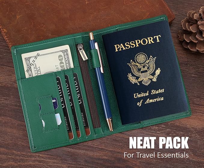 STAR VISTA Phoenix Leather Passport Holder, Calfskin Leather Travel Wallet - RFID Blocking, ID Window, Zipper Pocket, Pen & Notebook Included, AirTag Holder, Mint