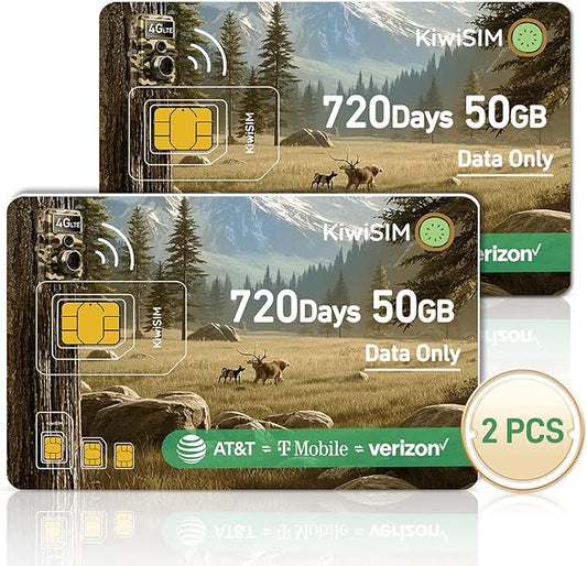 2PCS LTE IoT Data SIM Card 50GB 2 Years for Trail Camera & Security Camera,Prepaid SIM for Wildlife Camera, 3-in-1 SIM Kit with AT&T/T-Mobile/Verizon Coverage, No Contract & Auto Network Switching