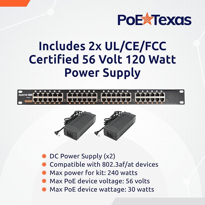 PoE Texas 24 Port PoE Injector - Multi-Port PoE Gigabit Rack Mount Midspan for IP Cameras, Phones, WiFi AP, Add Power Over Ethernet to Non-PoE Switch or Network Router, Includes 56v 240w Power Supply