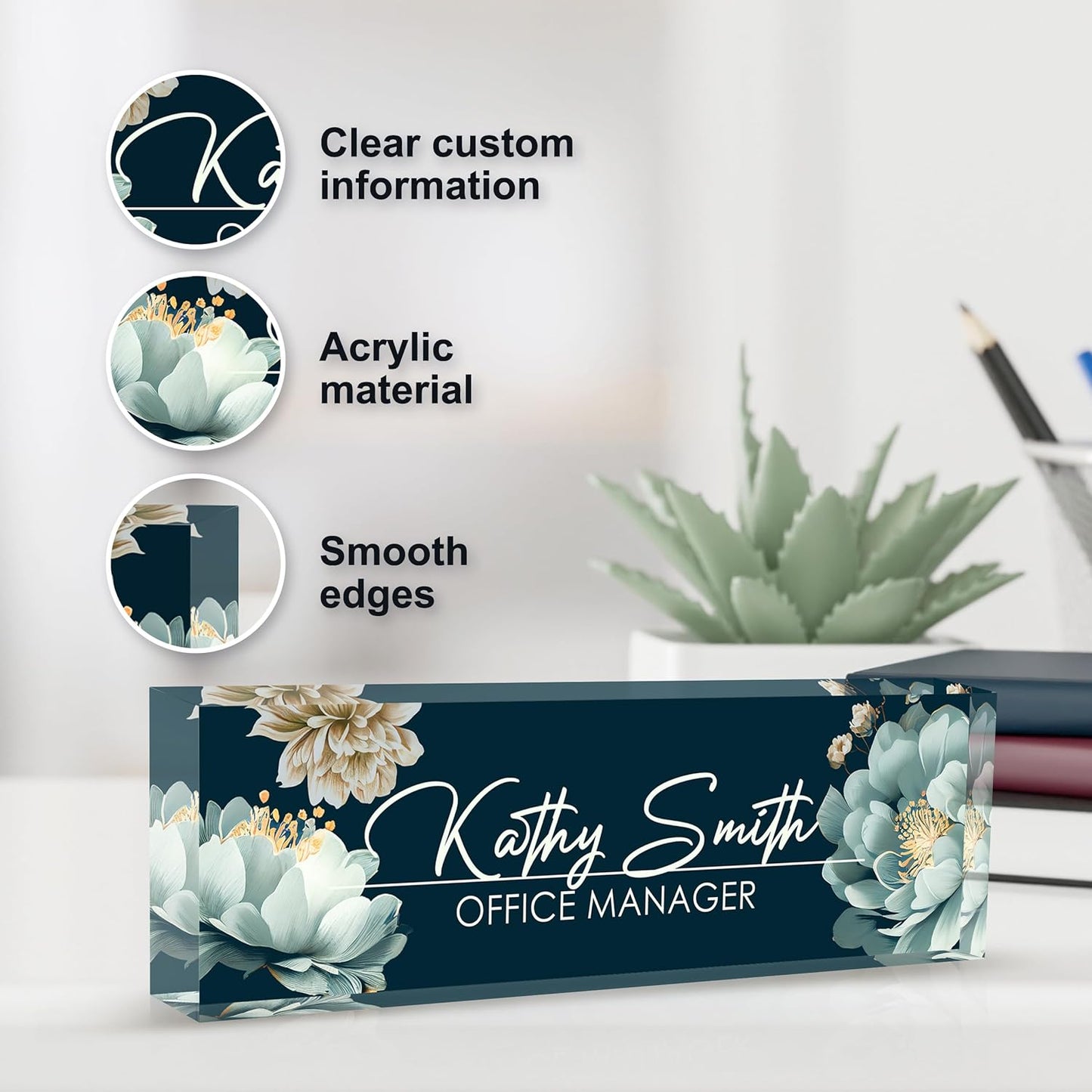 Personalized Name Plate for Desk, Custom Desk Name Plate, Acrylic Name Plate Office Desk Accessories, Personalized Office Gifts for Coworkers Teachers, Employee Appreciation Gifts (B-White Flower)