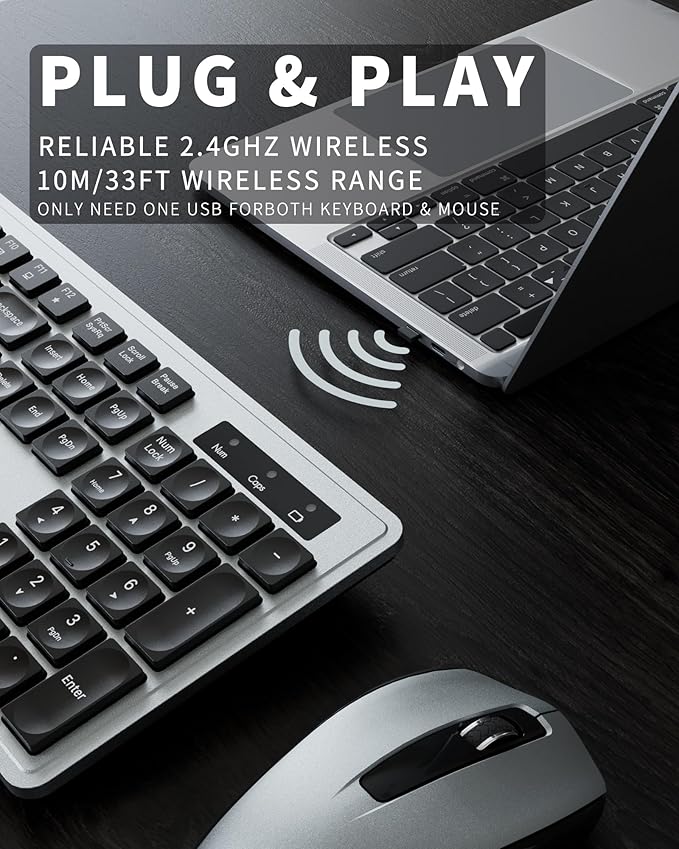 Wireless Keyboard Mouse Combo - 2.4Ghz Office Quiet Keyboard and Mouse Wireless - 104 Keys Full Size Ergonomic Keyboard for Laptop, Computer, PC, Notebook (Full Size Grey Black)