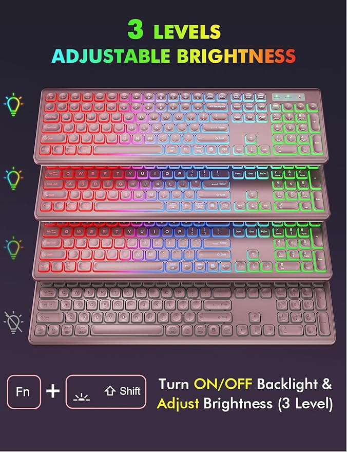 Wireless Keyboard and Mouse Combo - RGB Backlit, Rechargeable & Light Up Letters, Full-Size, Ergonomic Tilt Angle, Sleep Mode, 2.4GHz Quiet Keyboard Mouse for Mac, Windows, Laptop, PC, Trueque, Rose