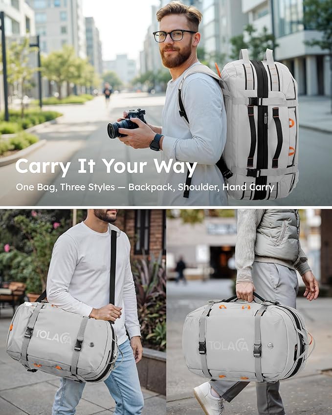 Tolaccea Travel Laptop Backpack, Large Carry on Backpack Flight Approved Convertible Duffle Luggage Bag Daypack Work Business Rucksack Fits 16" Laptop for Men Women 3 Carrying Ways, 40L-50L Expandable