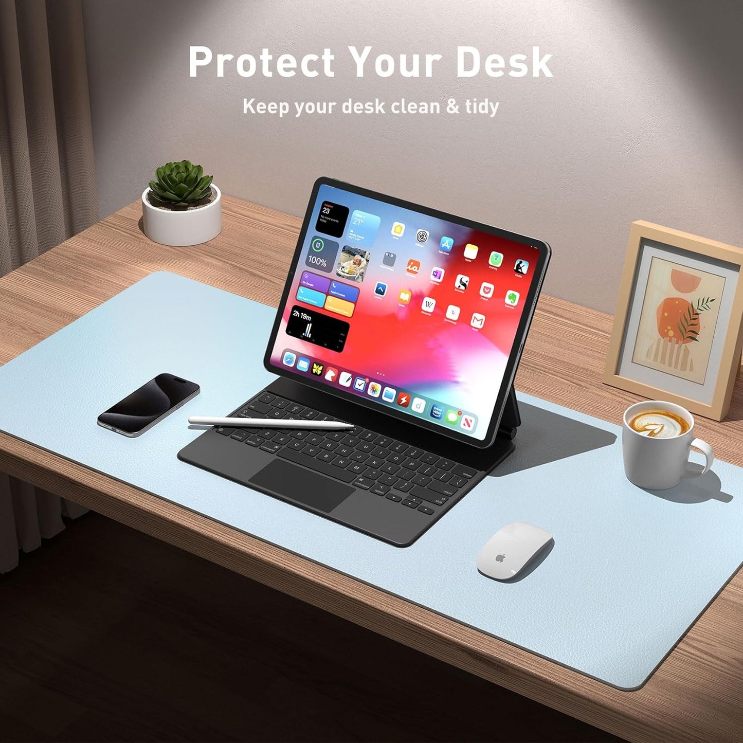 Aothia Leather Desk Pad Protector, Mouse Pad, Office Desk Mat, Non-Slip PU Leather Desk Blotter, Laptop Desk Pad, Waterproof Desk Writing Pad for Office and Home (23.6" x 13.7", Baby Blue)