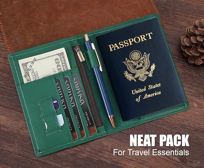 STAR VISTA Phoenix Leather Passport Holder, Calfskin Travel Wallet - RFID Blocking, ID Window, Zipper Pocket, Pen & Notebook Included, Mint