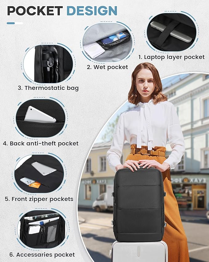 Vacuum Travel Backpack with Pump for Women, Personal Item Carry on Backpacks Flight Approved 18x14x8 inches for Men,Laptop Waterproof Work Compression bags Casual Daypack,Black.