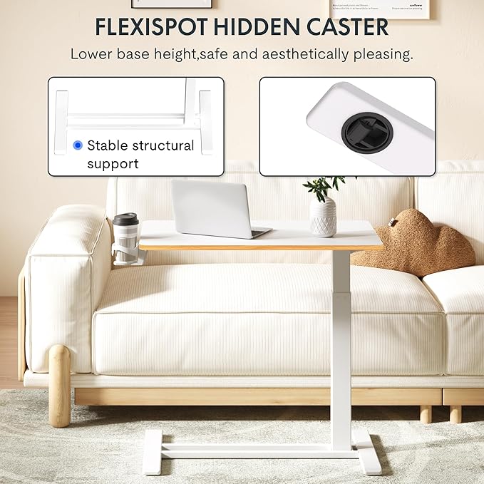 FLEXISPOT H7 Adjustable Overbed Bedside Table with Wheels Pneumatic Mobile Standing Laptop Desk Rolling Computer Cart Movable Overbed Table Hospital Home Use (31.5" W x 17.7" D, White Maple Large)