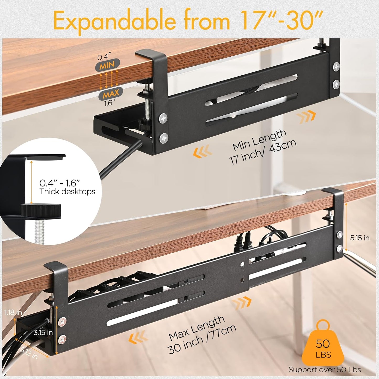 No Drill Under Desk Cable Management Tray, 17"-30" Retractable Long Cable Tray with Clamp Mount, Metal Cord Organizer, Support 50 lbs+, Wire Management Basket for Home Office, Black