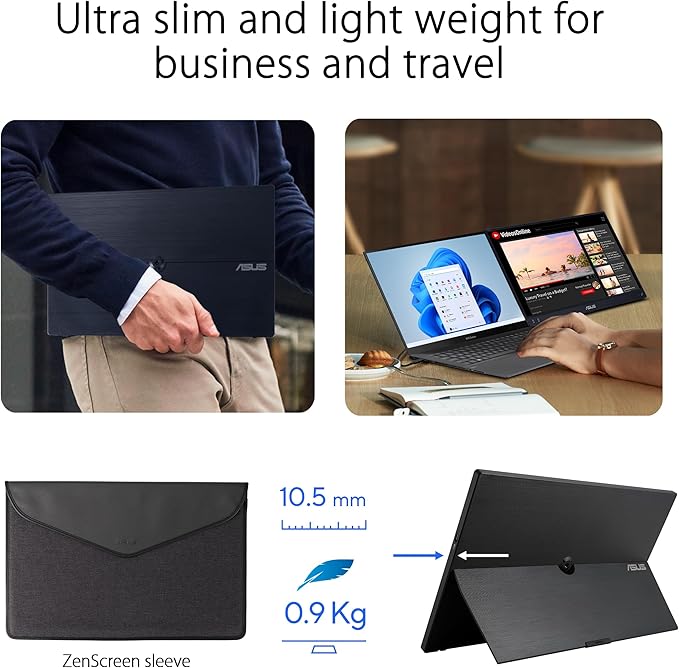 ASUS ZenScreen 16” (15.6 inch viewable) 1080P USB-C Portable Monitor (MB16AHV) - Full HD, IPS, Blue Light Filter, Anti-glare, Mini HDMI, Kickstand, Tripod Mountable, Protective Sleeve, 3 year warranty
